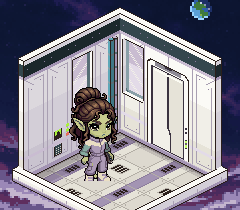 A chikūki with curly hair looking around its spaceship rooms