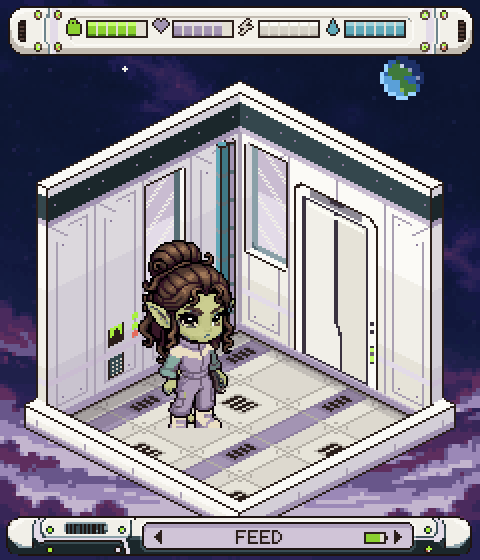 A chikūki in a lavender jumpsuit standing in its spaceship room on the chikūpod screen